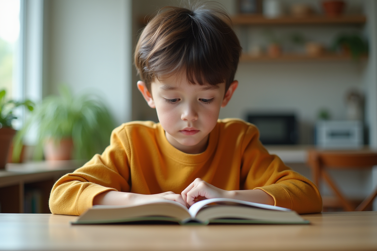 Jeune adulte lisant un livre de grammaire dans un espace lumineux