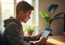 Jeune adulte utilisant une tablette avec une application de flashcards dans une pièce lumineuse