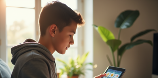 Jeune adulte utilisant une tablette avec une application de flashcards dans une pièce lumineuse