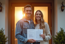 Jeune couple heureux devant leur maison avec clés et documents
