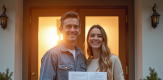 Jeune couple heureux devant leur maison avec clés et documents