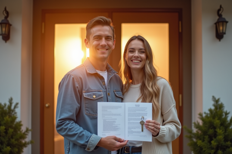 Jeune couple heureux devant leur maison avec clés et documents