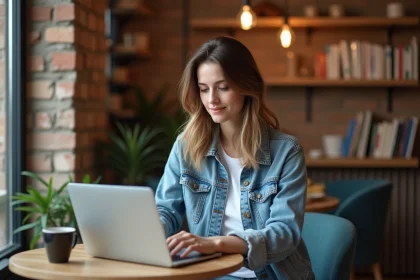 Jeune femme travaillant sur un ordinateur dans un café à Bordeaux