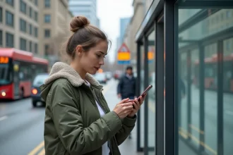 Jeune femme vérifiant les horaires de bus en ville
