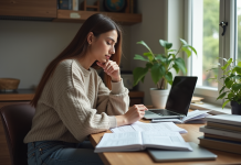 Prêt étudiant: déductibilité des impôts et avantages fiscaux en France Jeune femme en étude avec documents et ordinateur