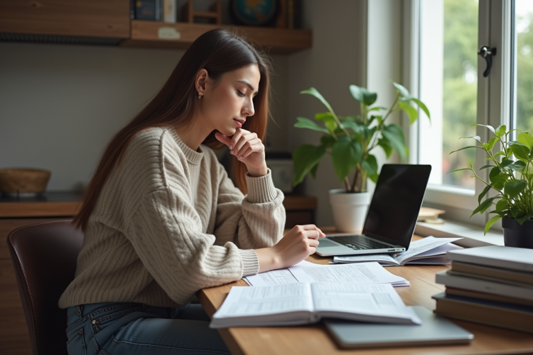 Jeune femme en étude avec documents et ordinateur