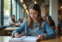 Jeune femme en étude avec brochures de prêt étudiant