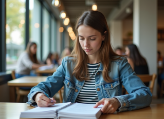 Jeune femme en étude avec brochures de prêt étudiant