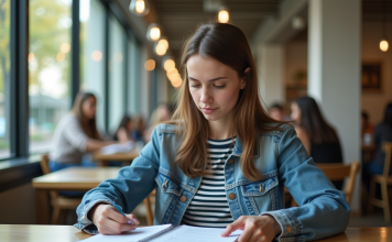Prêt étudiant à taux 0 : quelle banque choisir ? Jeune femme en étude avec brochures de prêt étudiant