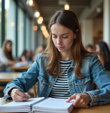 Jeune femme en étude avec brochures de prêt étudiant