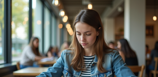 Prêt étudiant à taux 0 : quelle banque choisir ? Jeune femme en étude avec brochures de prêt étudiant