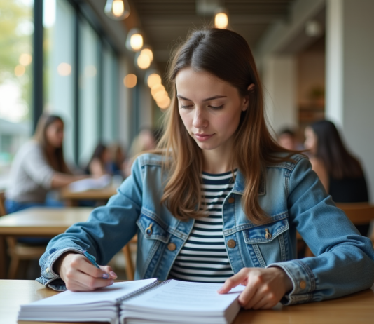 Jeune femme en étude avec brochures de prêt étudiant