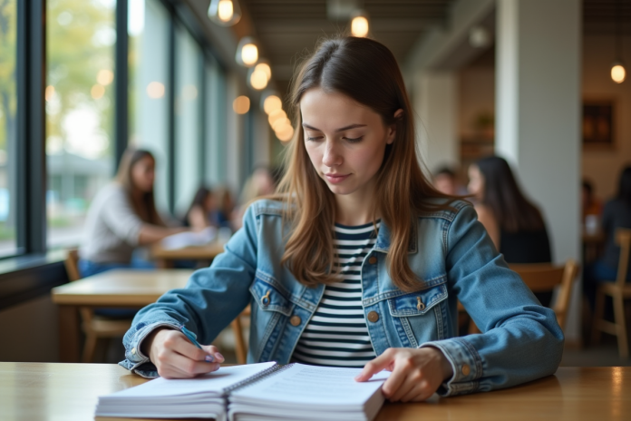 Jeune femme en étude avec brochures de prêt étudiant