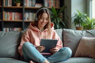 Jeune femme lisant manga numérique dans un salon moderne
