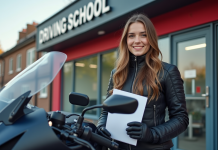 Jeune femme en équipement moto souriante avec moto moderne en ville