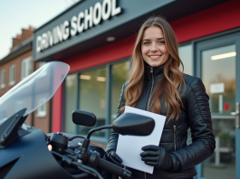 Jeune femme en équipement moto souriante avec moto moderne en ville