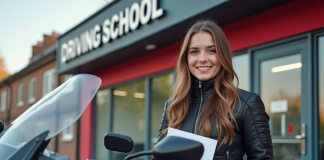 Jeune femme en équipement moto souriante avec moto moderne en ville