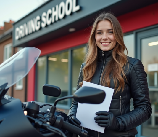 Jeune femme en équipement moto souriante avec moto moderne en ville