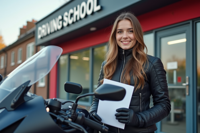 Jeune femme en équipement moto souriante avec moto moderne en ville