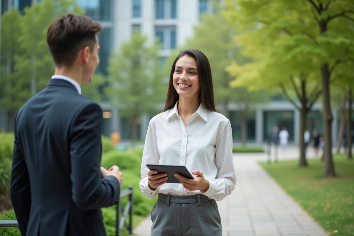 Jeune femme en blouse blanche dans un parc urbain