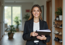 Jeune femme professionnelle souriante dans un appartement moderne