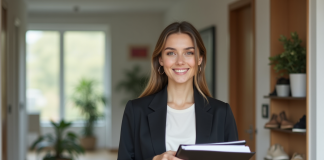 Jeune femme professionnelle souriante dans un appartement moderne