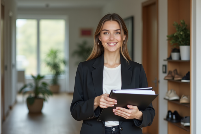 Jeune femme professionnelle souriante dans un appartement moderne