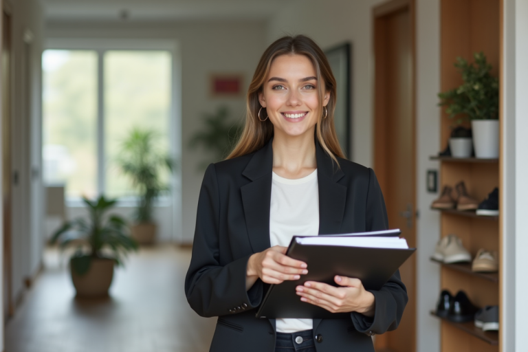 Jeune femme professionnelle souriante dans un appartement moderne