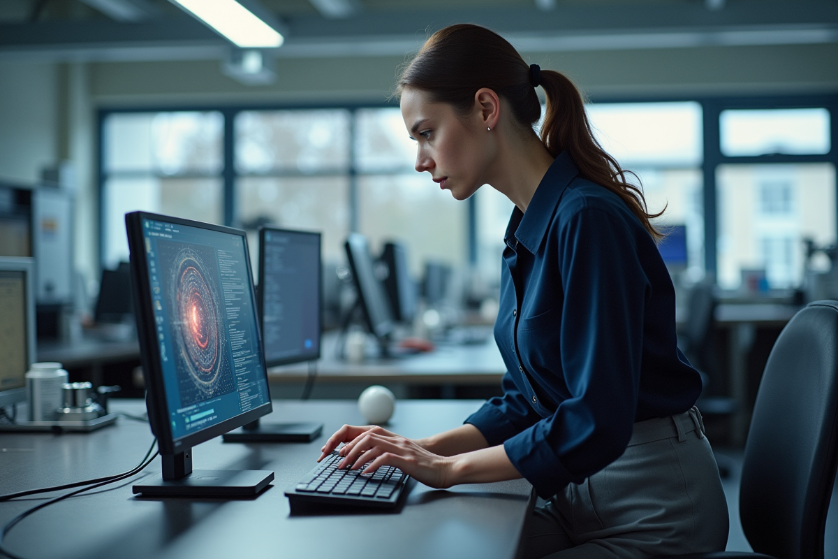 Jeune femme scientifique examine un ordinateur quantique