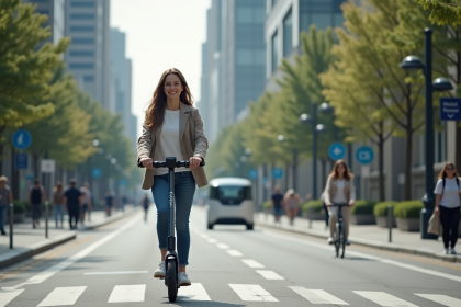 Jeune femme en urban mobility sur un scooter électrique