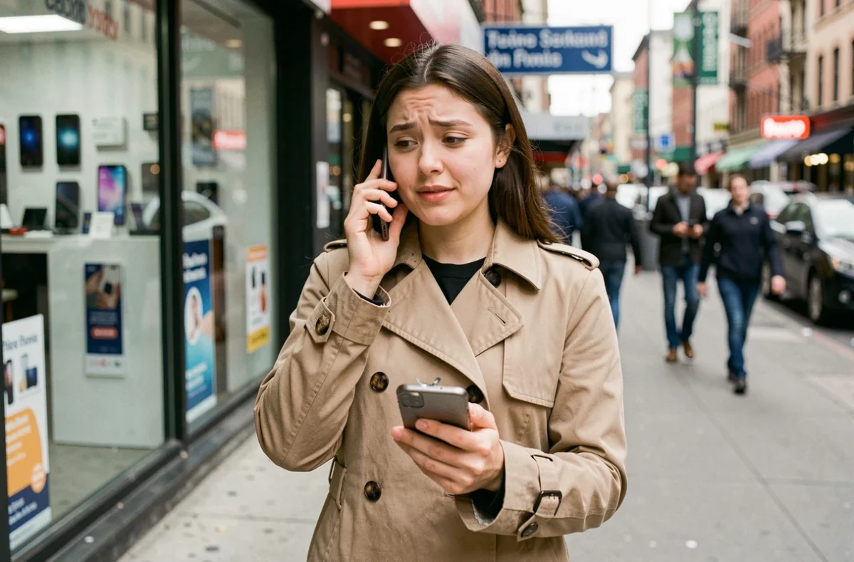 Jeune femme gérant le suivi de son indemnisation smartphone en contactant son assurance mobile depuis la rue