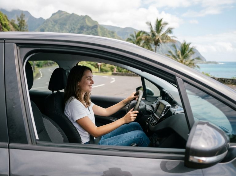 Jeune femme dans une voiture à La Réunion avec paysage volcanique