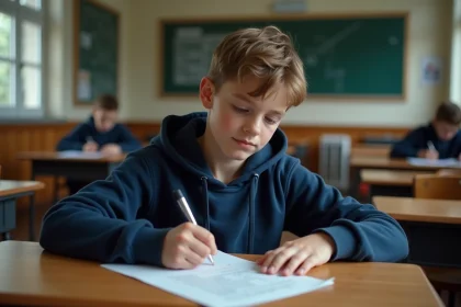 Jeune fille concentrée écrivant son examen du Bac dans une salle de classe