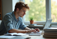 Jeune homme travaillant sur un ordinateur dans un bureau lumineux