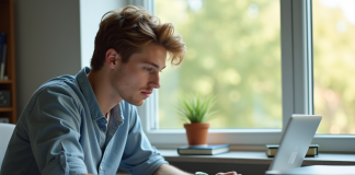 Jeune homme travaillant sur un ordinateur dans un bureau lumineux
