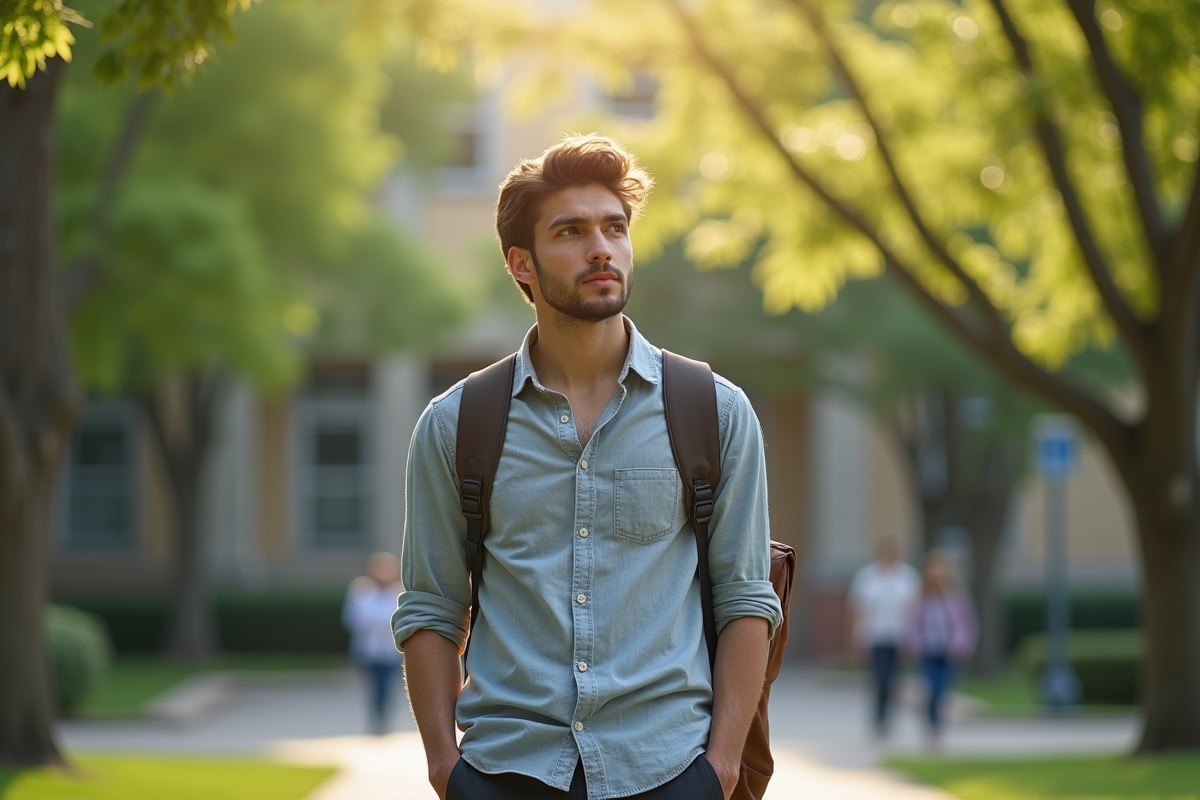 Jeune homme pensif dans un campus vert en plein air