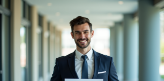 Jeune homme confiant tenant un certificat dans un hall lumineux