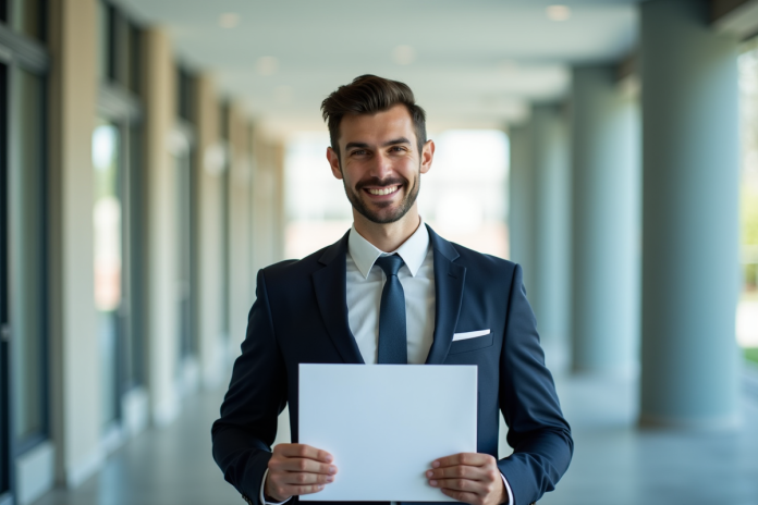 Jeune homme confiant tenant un certificat dans un hall lumineux