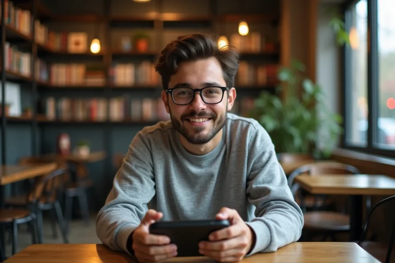 Jeune homme avec console rétro dans un café urbain