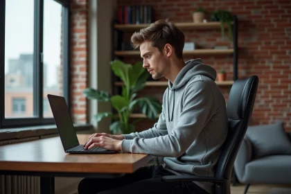 Jeune homme concentré sur son ordinateur gaming dans un appartement moderne