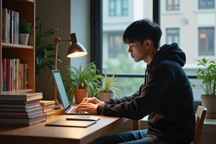 Jeune homme concentré sur son ordinateur avec des mangas One Piece
