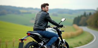 Jeune homme en moto sur route de campagne