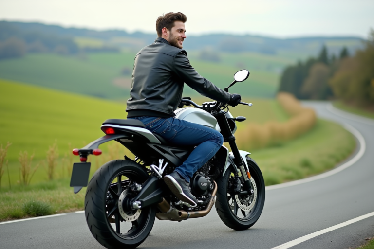 Jeune homme en moto sur route de campagne
