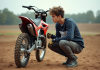 Les marques de 125 cross d’occasion à surveiller en 2025 Jeune homme en motocross examinant une moto 125cc