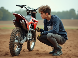 Jeune homme en motocross examinant une moto 125cc