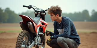 Jeune homme en motocross examinant une moto 125cc