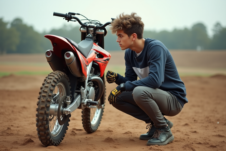 Jeune homme en motocross examinant une moto 125cc