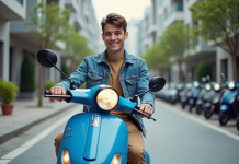 Jeune homme souriant sur scooter en ville