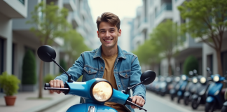 Jeune homme souriant sur scooter en ville