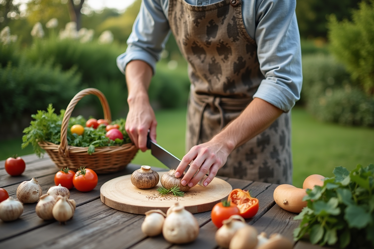 Jeune homme tranchant un chou-fleur en extérieur